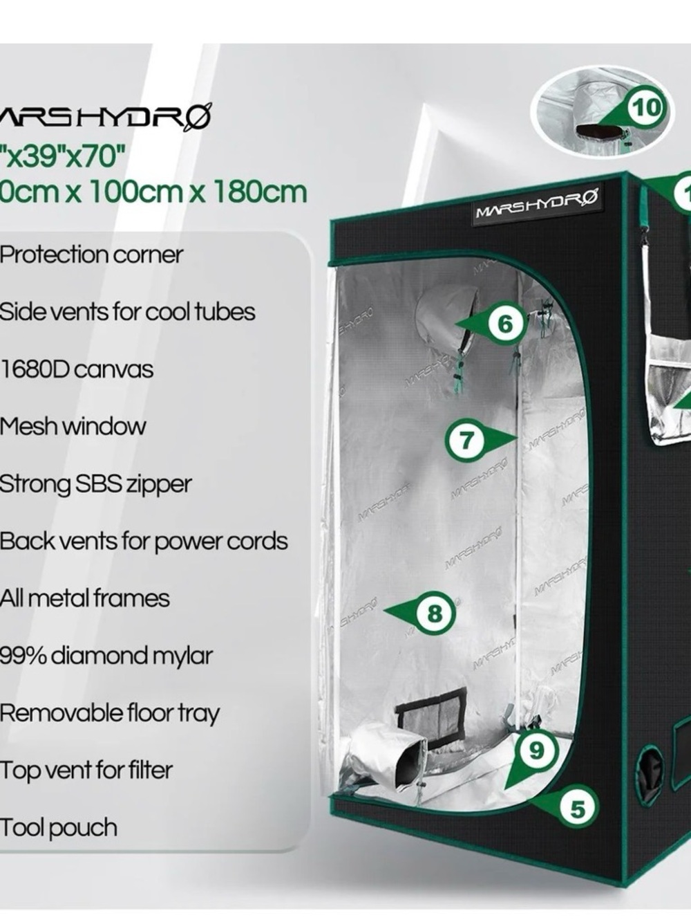Hydroponic Indoor Garden Grow Tent - Mars Hydro 70x70x160cm ((Reflective Mylar) - Picture 4 of 14